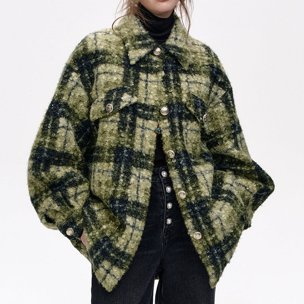 ELFSACK 2024 Winter New Arrivals Retro Lapel Grey Green Plaid Thickened Jacket