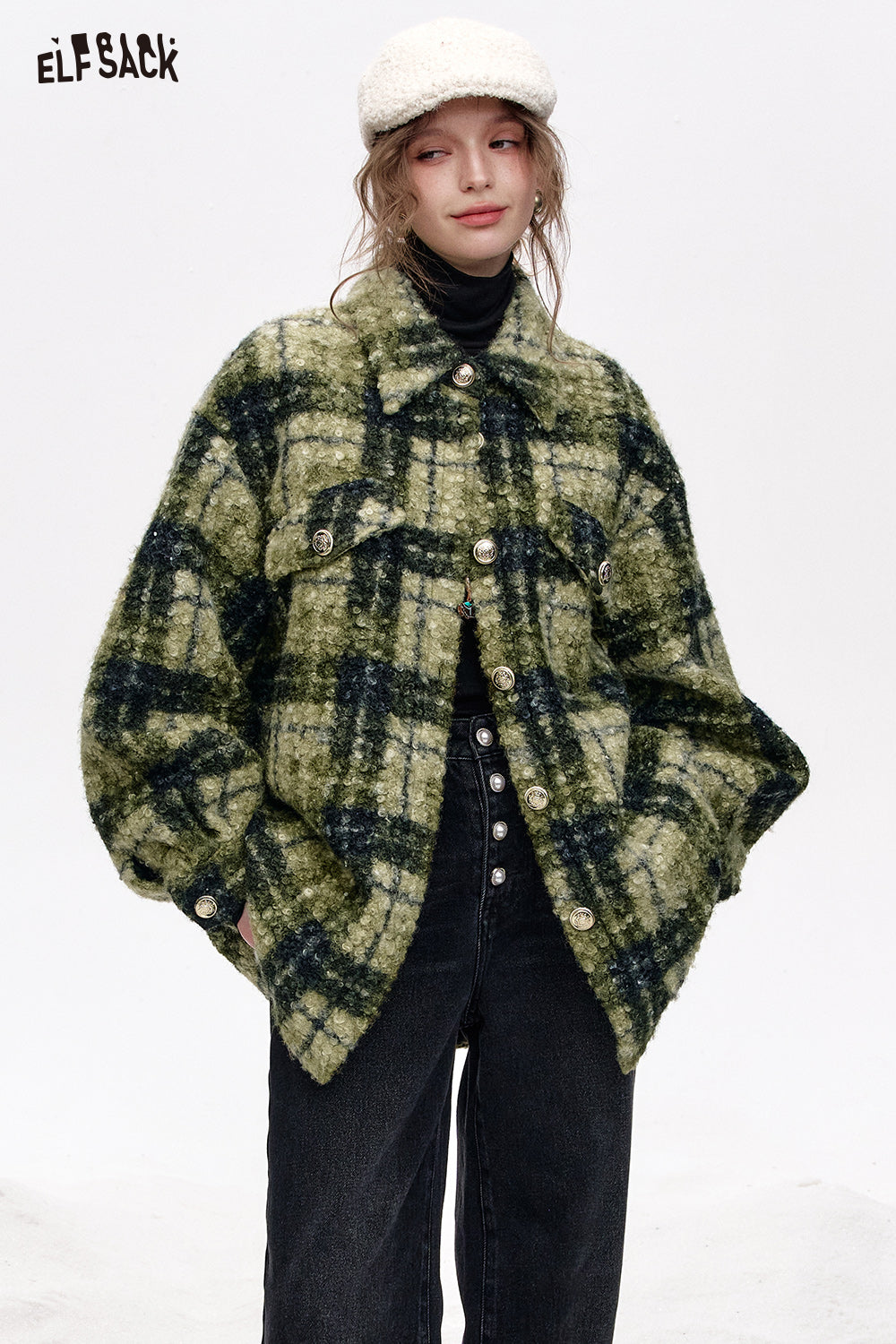 ELFSACK 2024 Winter New Arrivals Retro Lapel Grey Green Plaid Thickened Jacket