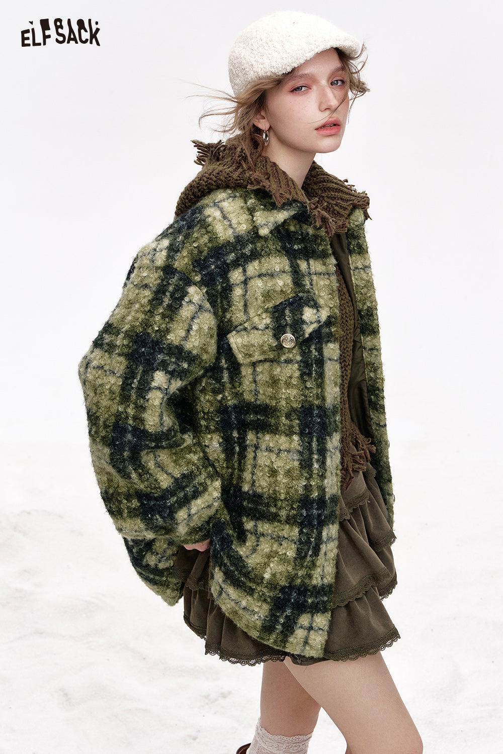 ELFSACK 2024 Winter New Arrivals Retro Lapel Grey Green Plaid Thickened Jacket