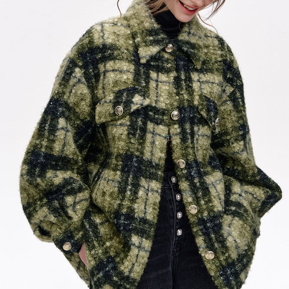 
                  
                    ELFSACK 2024 Winter New Arrivals Retro Lapel Grey Green Plaid Thickened Jacket
                  
                