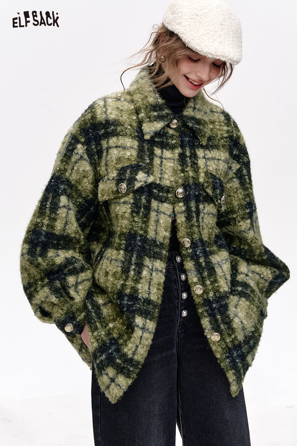 ELFSACK Retro Lapel Grey Green Plaid Thickened Jacket