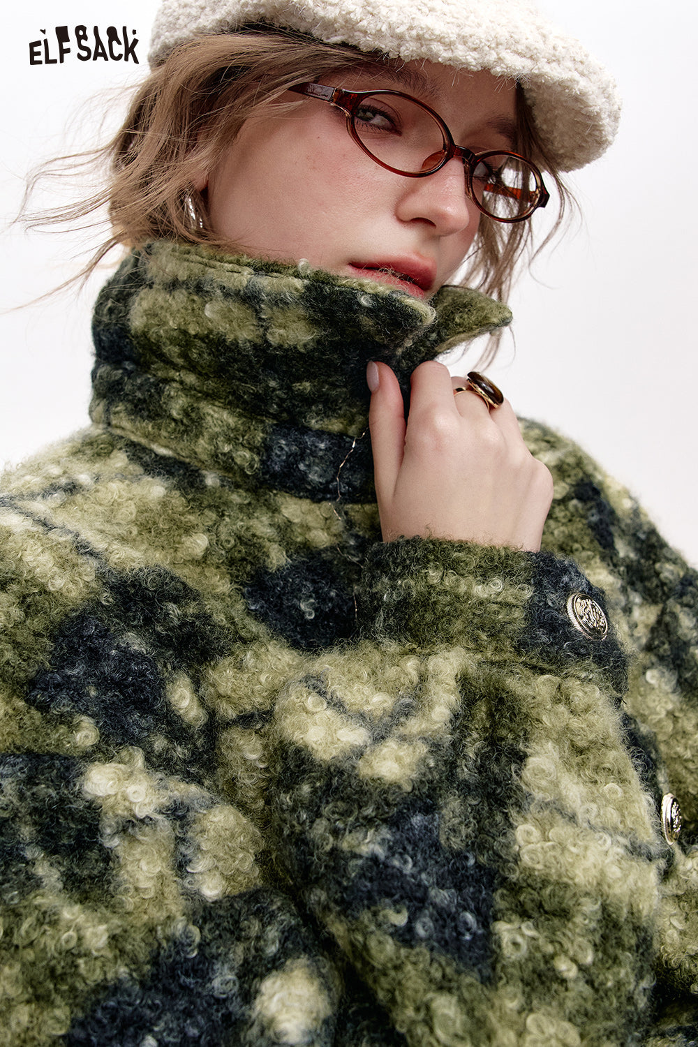 ELFSACK Retro Lapel Grey Green Plaid Thickened Jacket