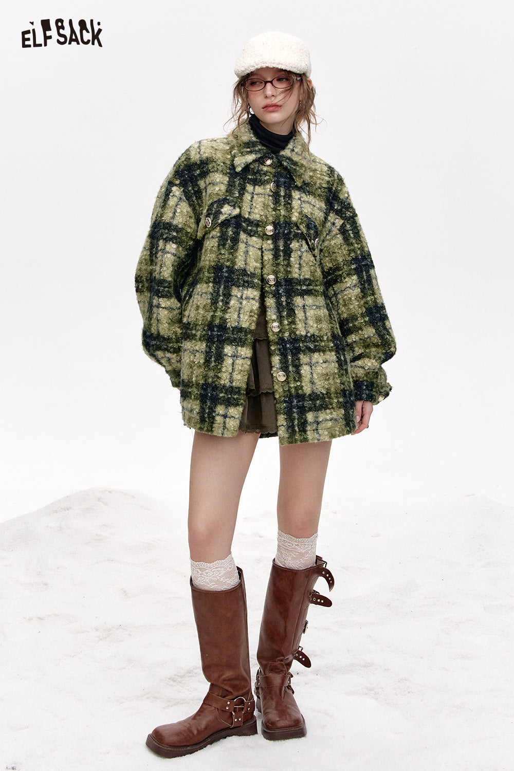 ELFSACK Retro Lapel Grey Green Plaid Thickened Jacket