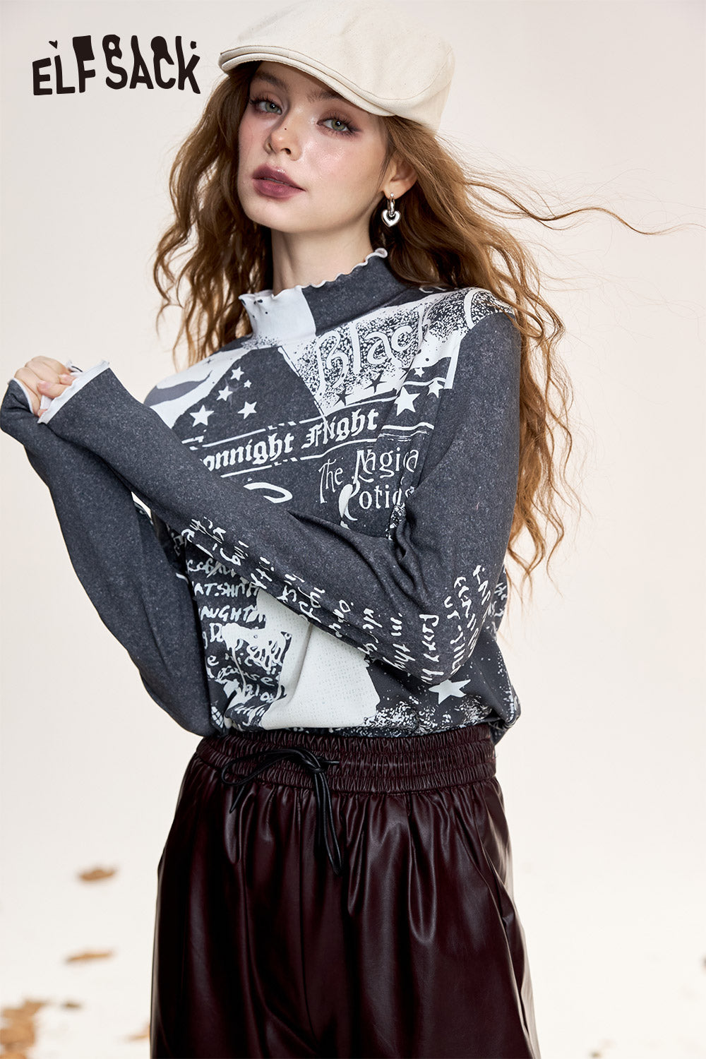 ELFSACK Cotton high collar T-shirt original witch full print ruffled edges long sleeves bottoming shirt