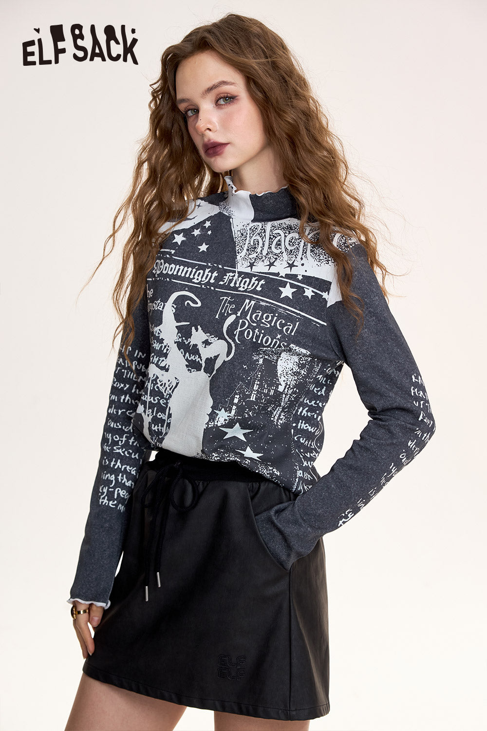 ELFSACK Cotton high collar T-shirt original witch full print ruffled edges long sleeves bottoming shirt
