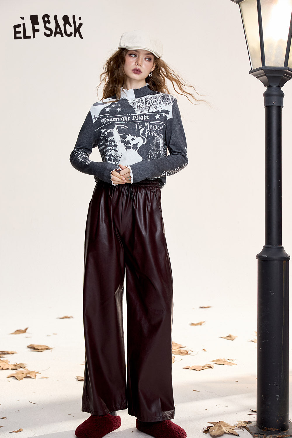 ELFSACK Cotton high collar T-shirt original witch full print ruffled edges long sleeves bottoming shirt