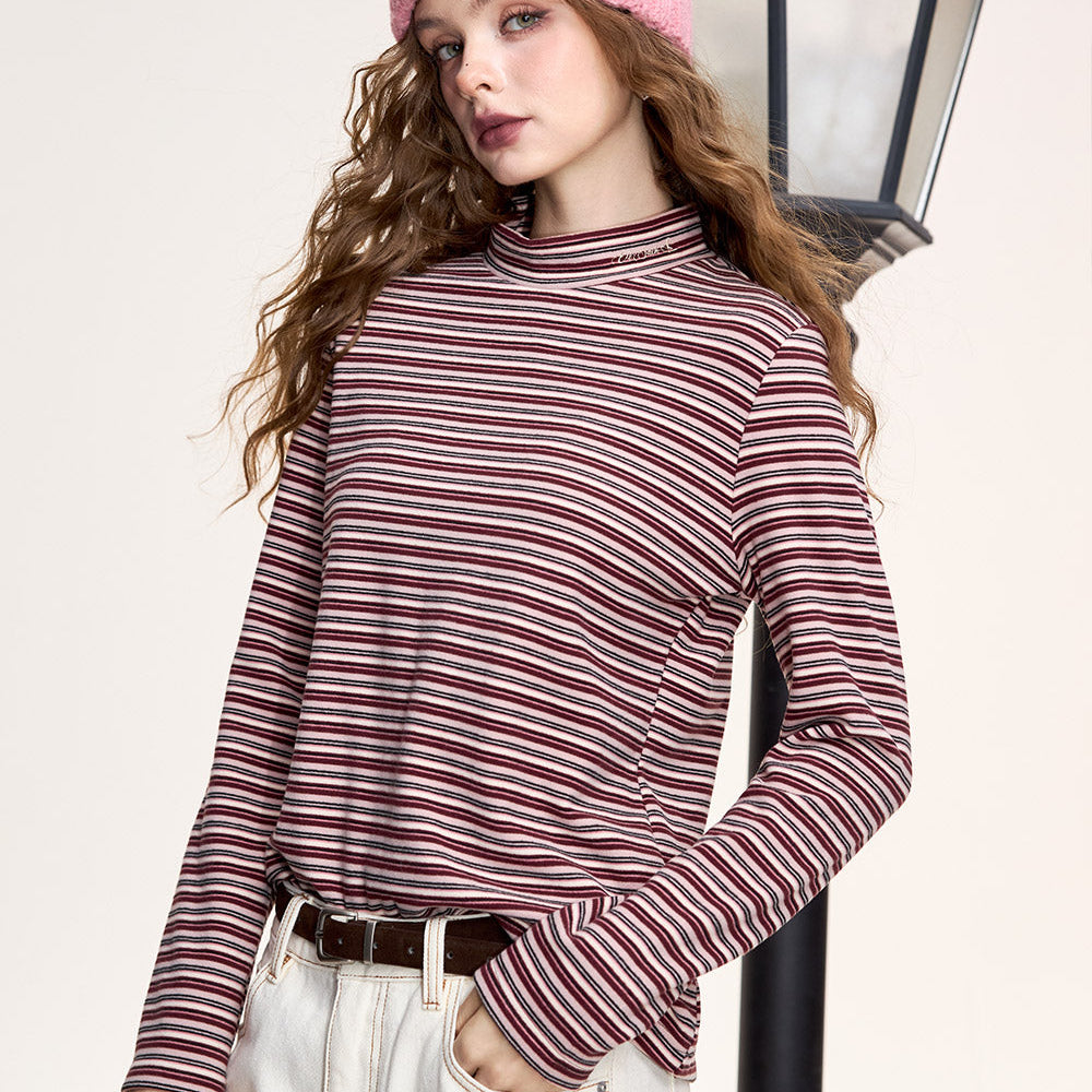 
                  
                    ELFSACK 2024 Winter New Arrivals Colorful striped high collar long sleeve T-shirt for women, retro slim bottoming shirt
                  
                