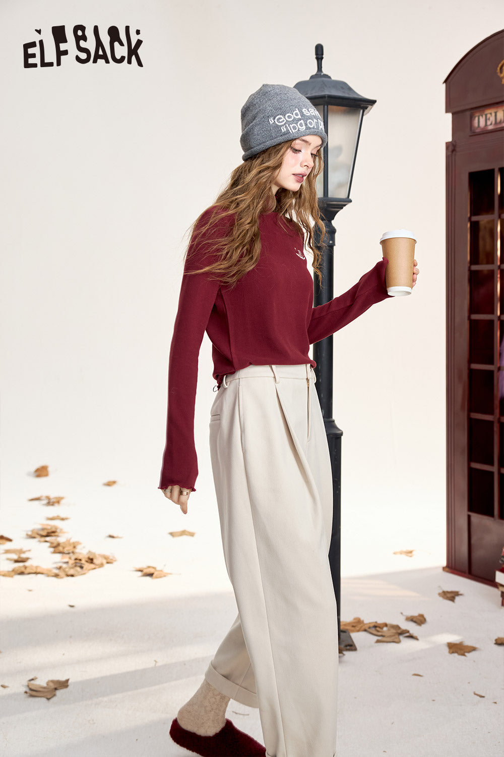 ELFSACK Half turtleneck long-sleeved T-shirt, ruffled edge, cat embroidery, slim fit bottoming shirt
