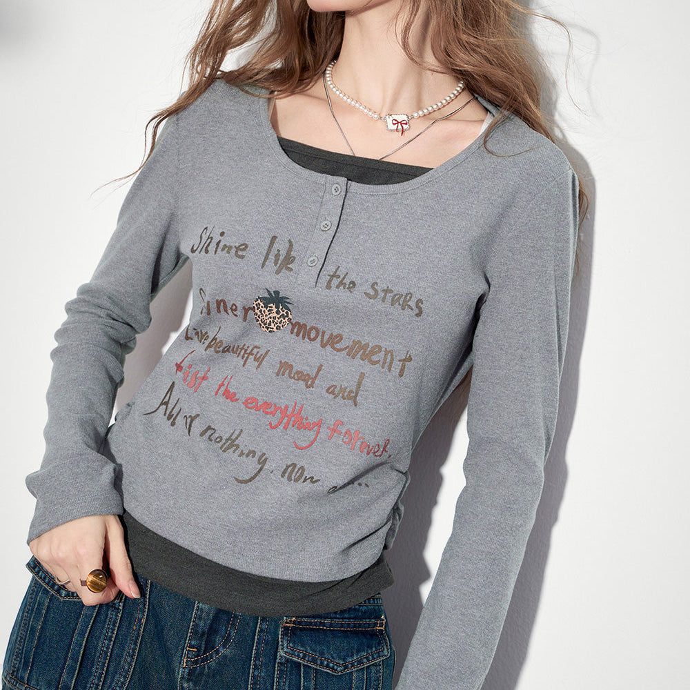 
                  
                    ELFSACK 2024 Winter New Arrivals Casual Versatile Letter Printed Grey Fake Two piece Long Sleeve Slimming T-shirt for Women's Casual Versatile
                  
                