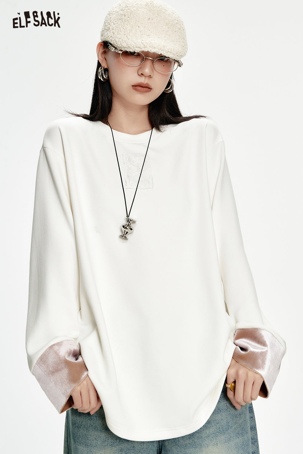 ELFSACK Velvet stitching loose T-shirt women Chinese style white lace bottoming T-shirt