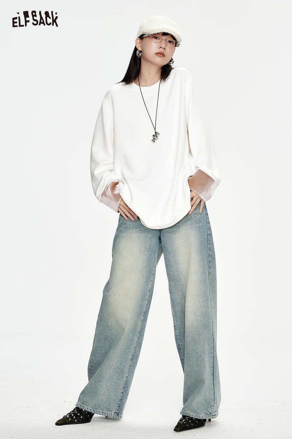 ELFSACK Velvet stitching loose T-shirt women Chinese style white lace bottoming T-shirt