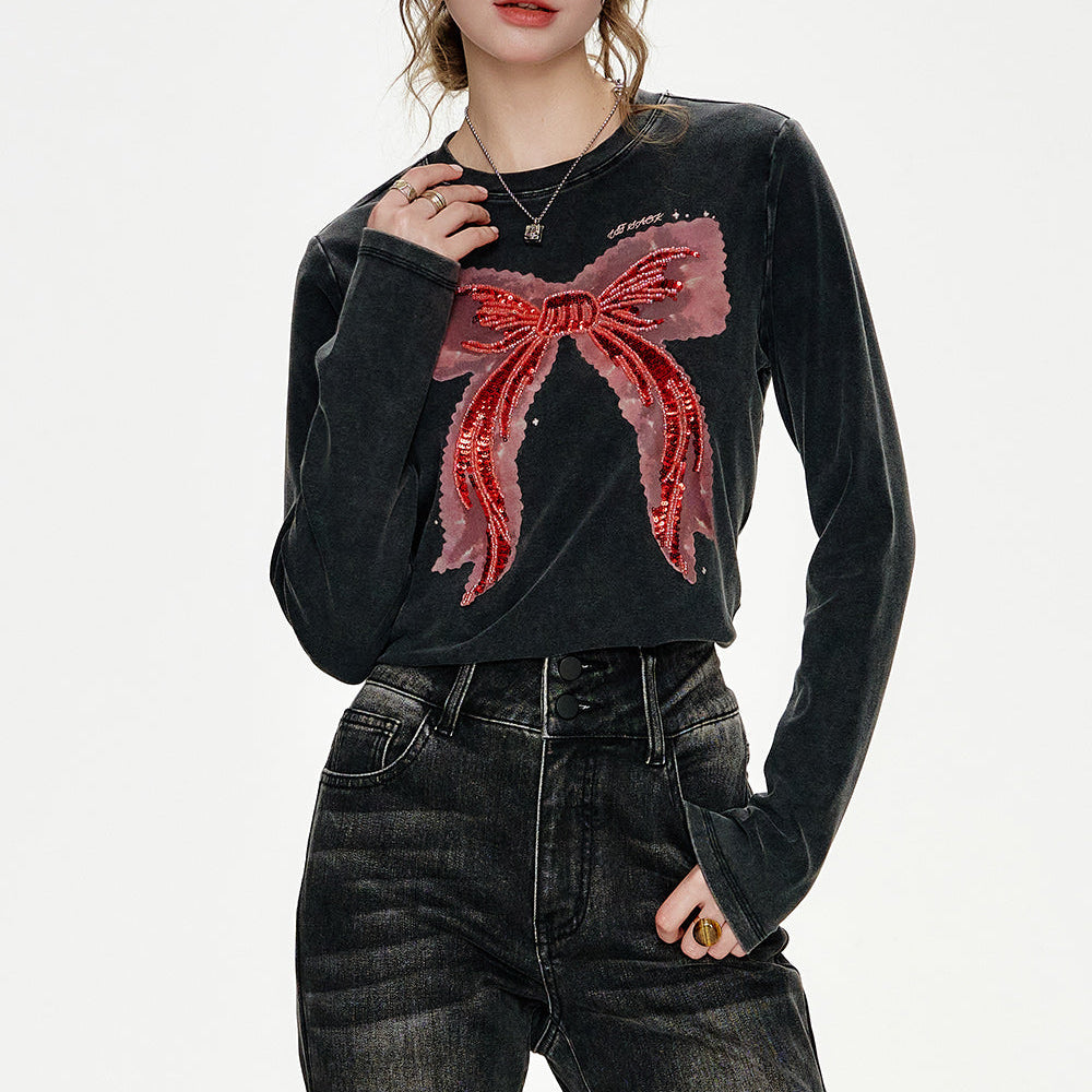 ELFSACK 2024 Winter New Arrivals Bowknot Sequin Embroidery Slim Fit Long Sleeve T-shirt Women Hot Girl Sweet Cool Top