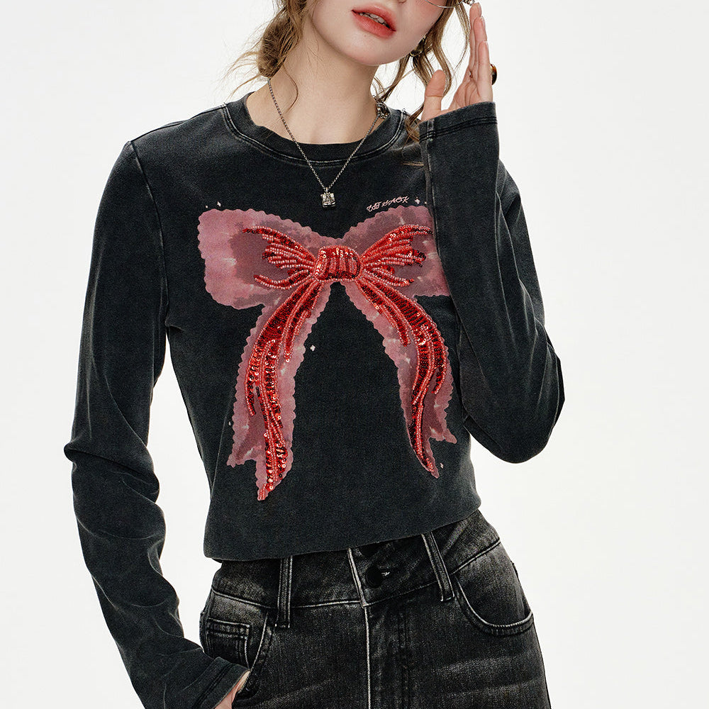 
                  
                    ELFSACK 2024 Winter New Arrivals Bowknot Sequin Embroidery Slim Fit Long Sleeve T-shirt Women Hot Girl Sweet Cool Top
                  
                