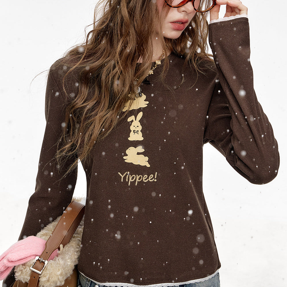 
                  
                    ELFSACK 2024 Winter New Arrivals Round Neck Lace Stitching Rabbit Print Long Sleeve T-Shirt Women
                  
                