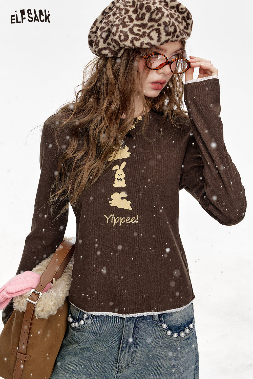 ELFSACK Round Neck Lace Stitching Rabbit Print Long Sleeve T-Shirt Women