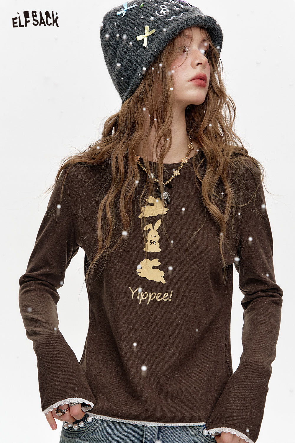 ELFSACK Round Neck Lace Stitching Rabbit Print Long Sleeve T-Shirt Women