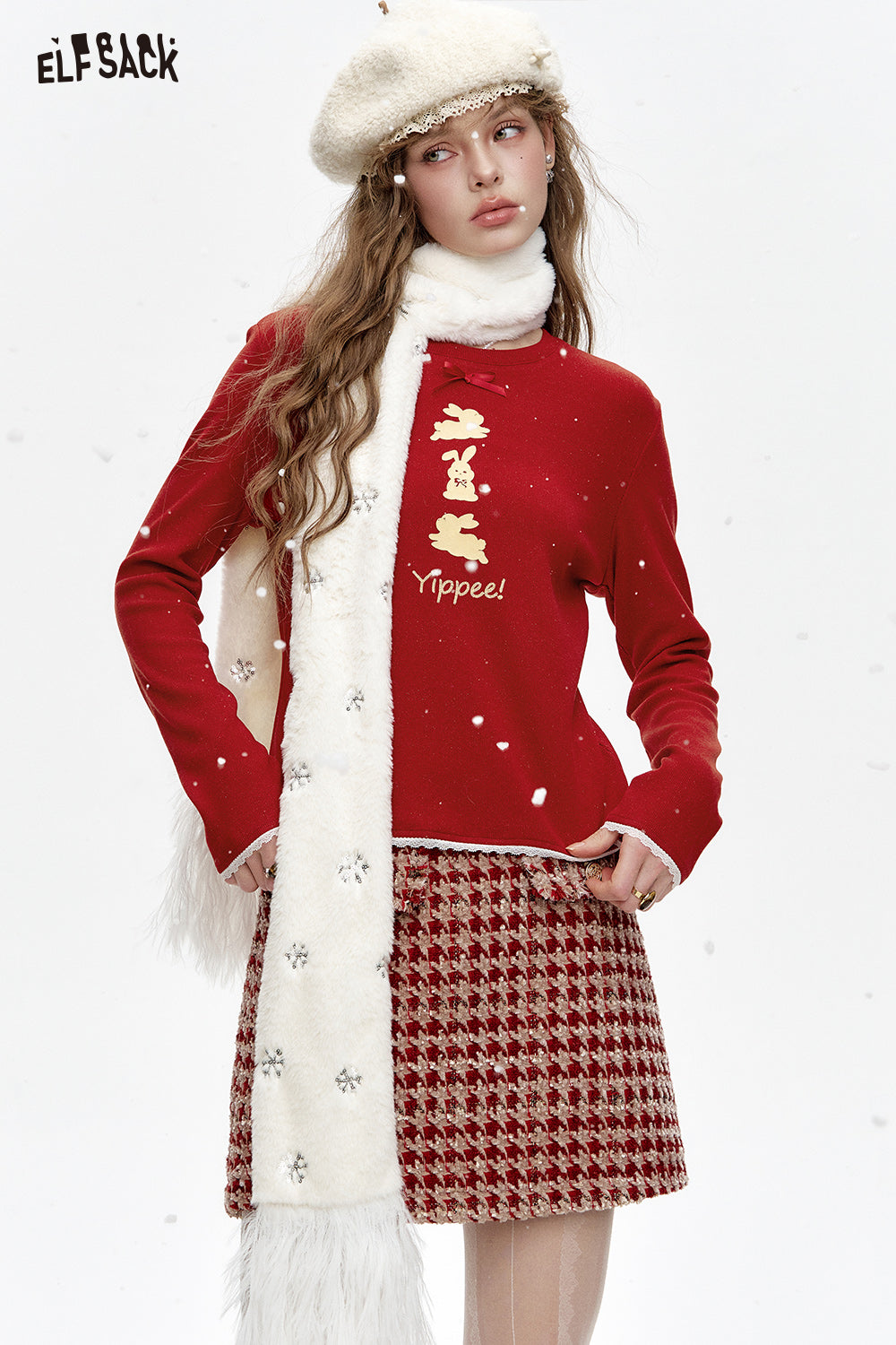ELFSACK Round Neck Lace Stitching Rabbit Print Long Sleeve T-Shirt Women