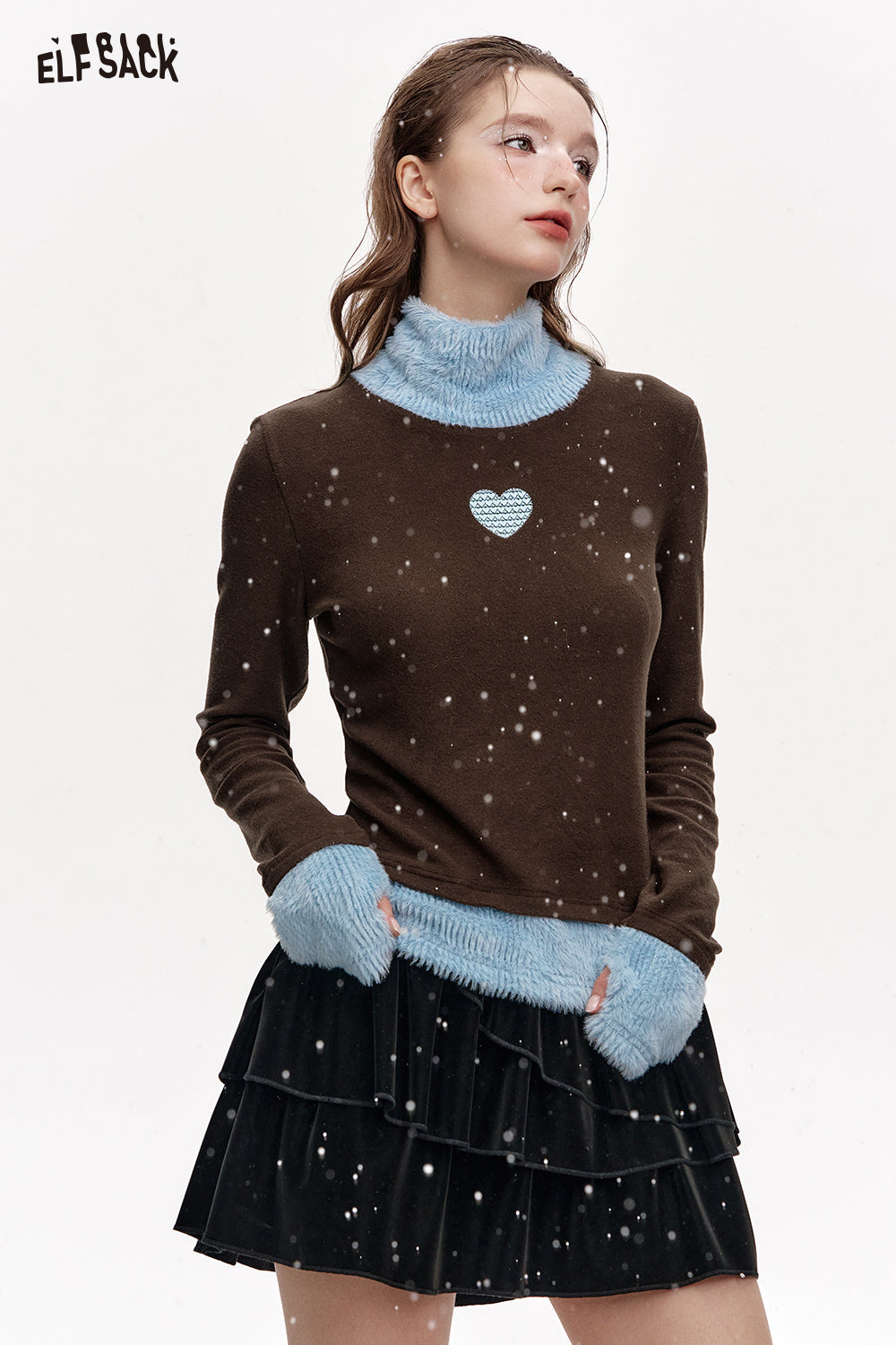 ELFSACK Heart Embroidery Contrast Color Turtleneck Bottoming Shirt