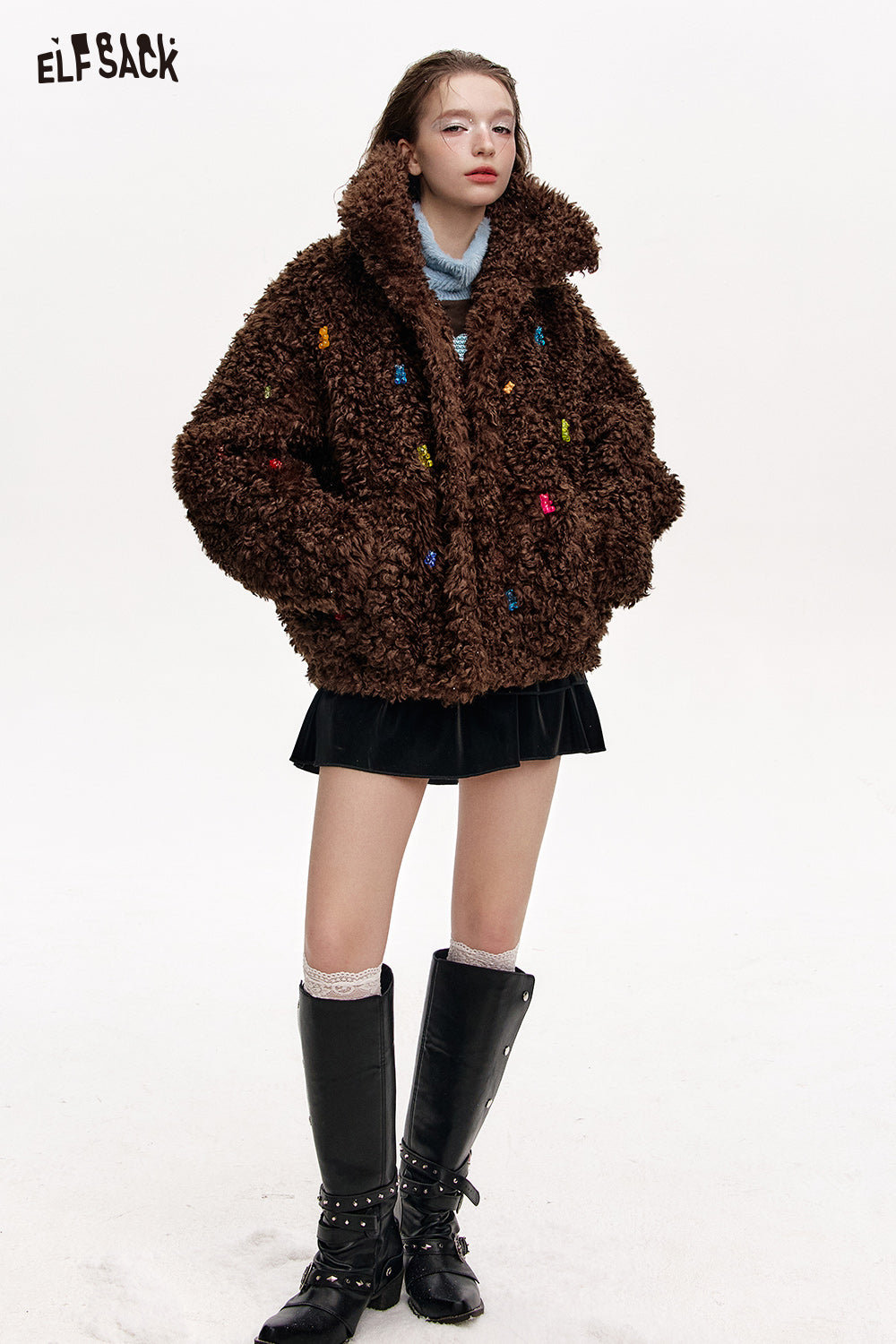ELFSACK Heart Embroidery Contrast Color Turtleneck Bottoming Shirt
