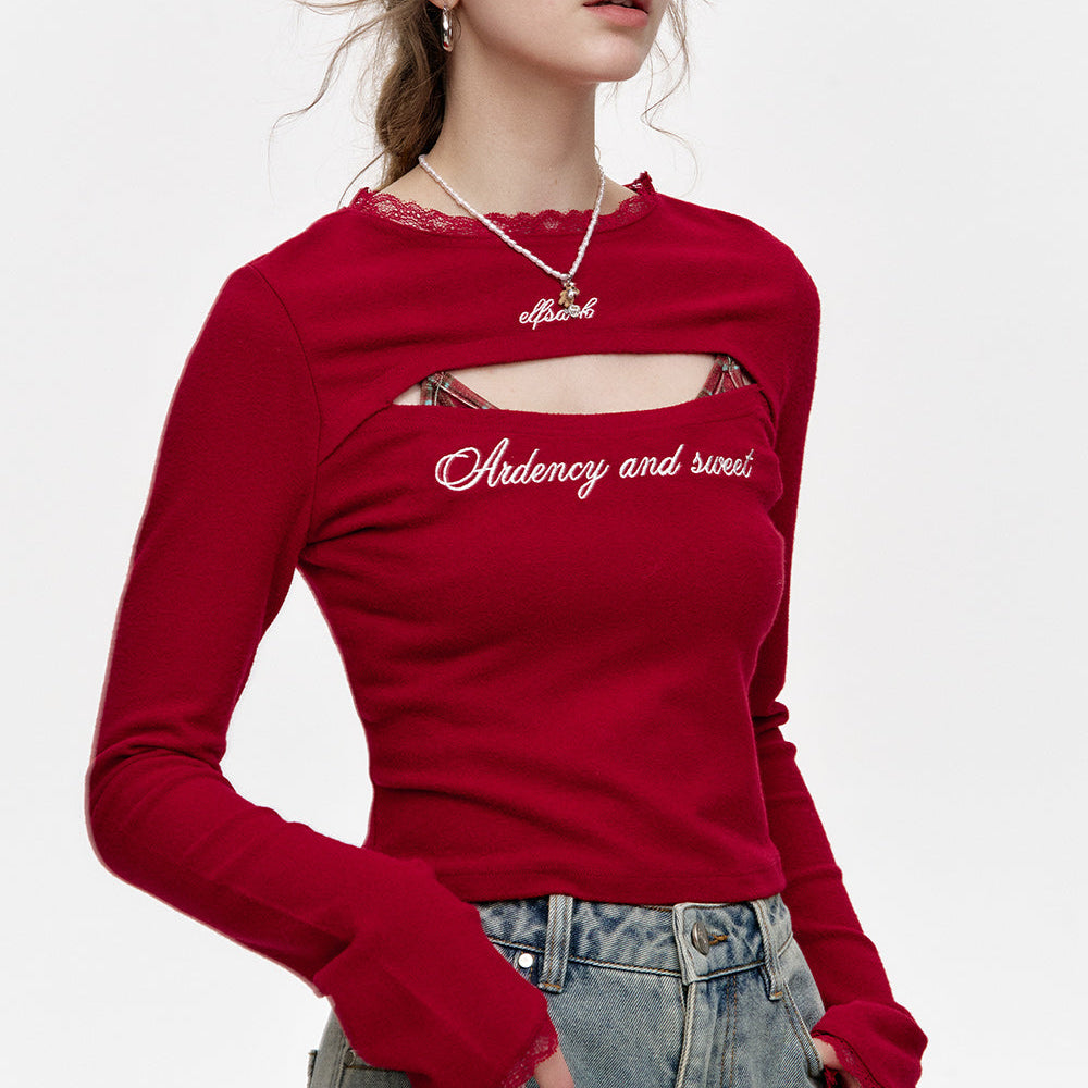 
                  
                    ELFSACK 2024 Winter New Arrivals Red Letter Hollow Slim Fit Long Sleeve T-Shirt Women
                  
                