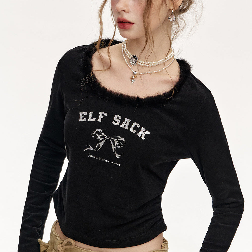 
                  
                    ELFSACK 2024 Winter New Arrivals Round Neck Plush Stitching Short Long Sleeve T-Shirt Women
                  
                