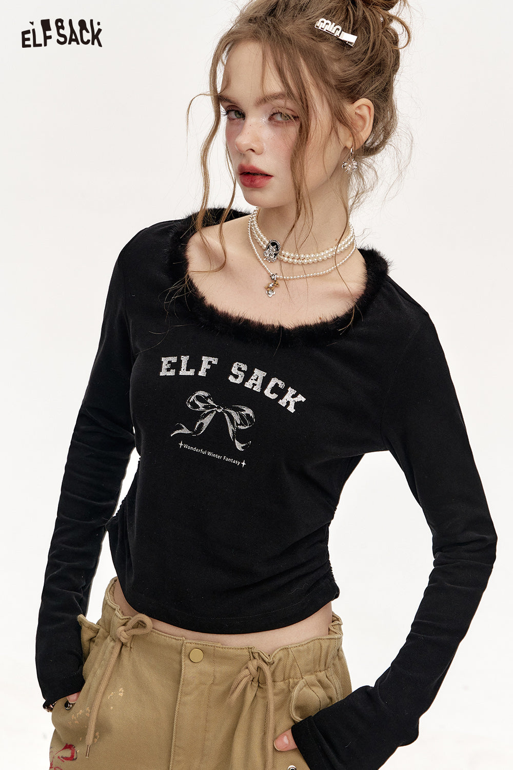 ELFSACK 2024 Winter New Arrivals Round Neck Plush Stitching Short Long Sleeve T-Shirt Women