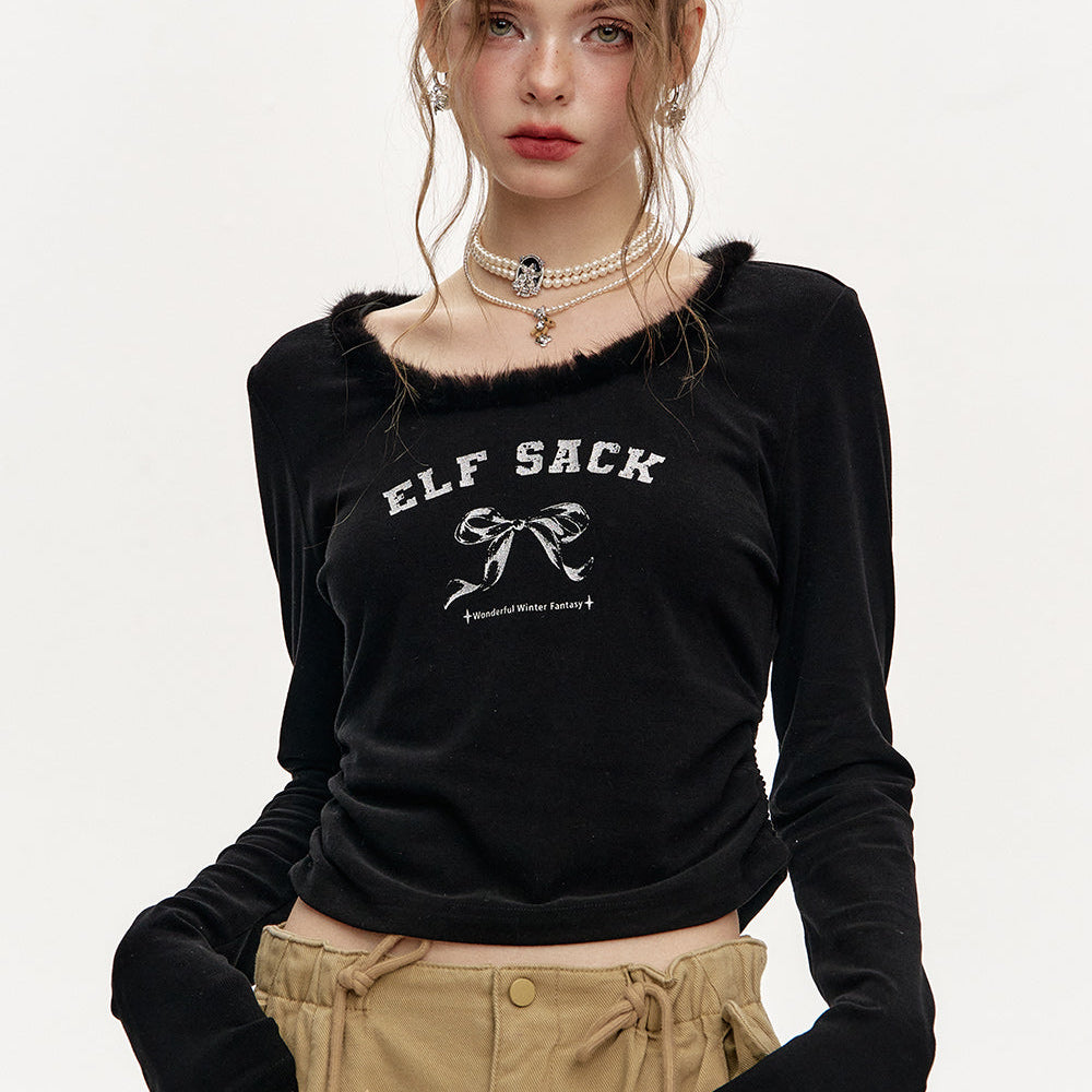 ELFSACK 2024 Winter New Arrivals Round Neck Plush Stitching Short Long Sleeve T-Shirt Women