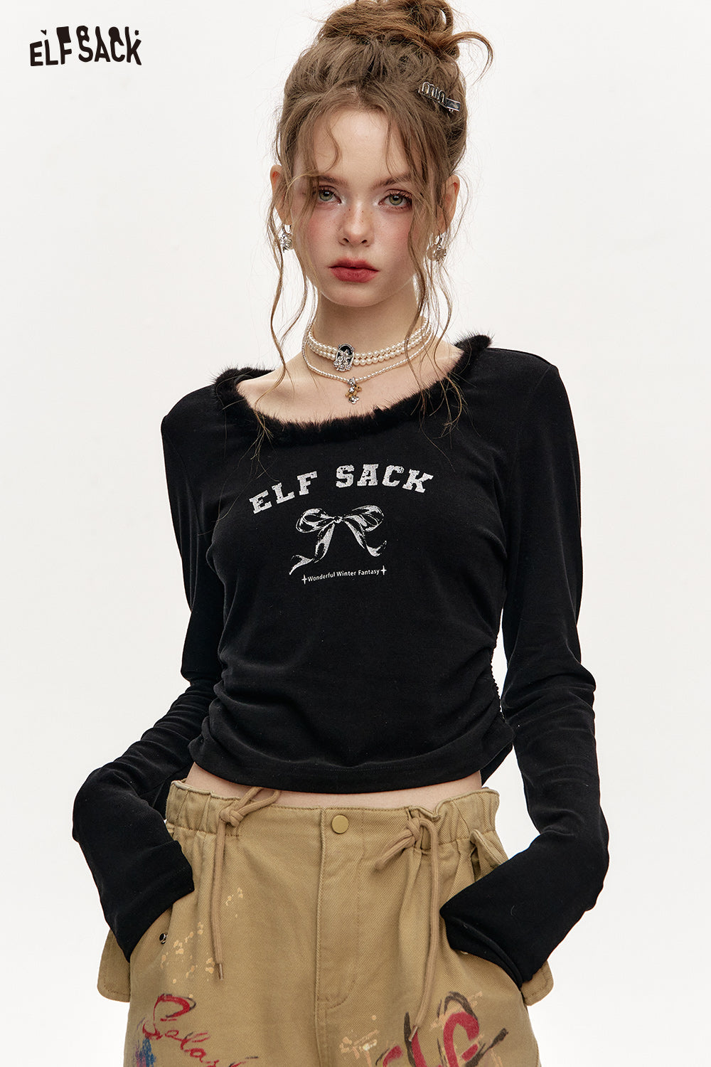 ELFSACK 2024 Winter New Arrivals Round Neck Plush Stitching Short Long Sleeve T-Shirt Women