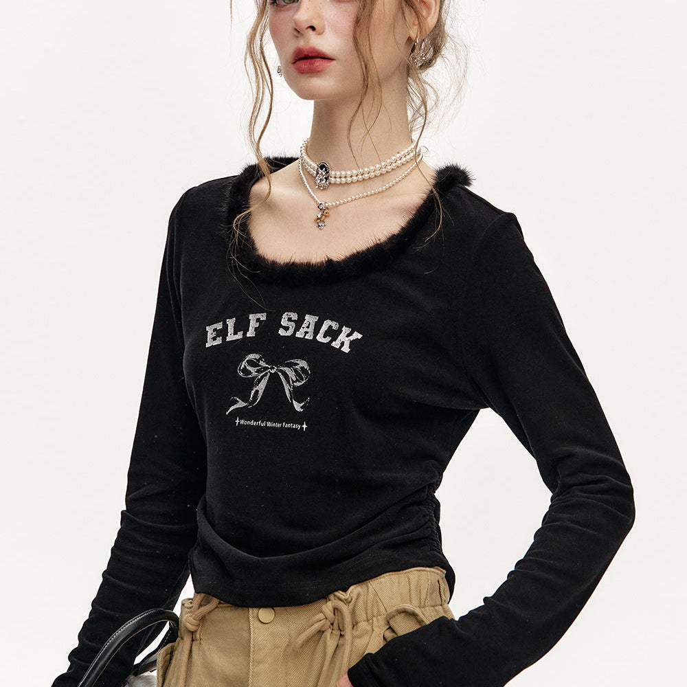 
                  
                    ELFSACK 2024 Winter New Arrivals Round Neck Plush Stitching Short Long Sleeve T-Shirt Women
                  
                