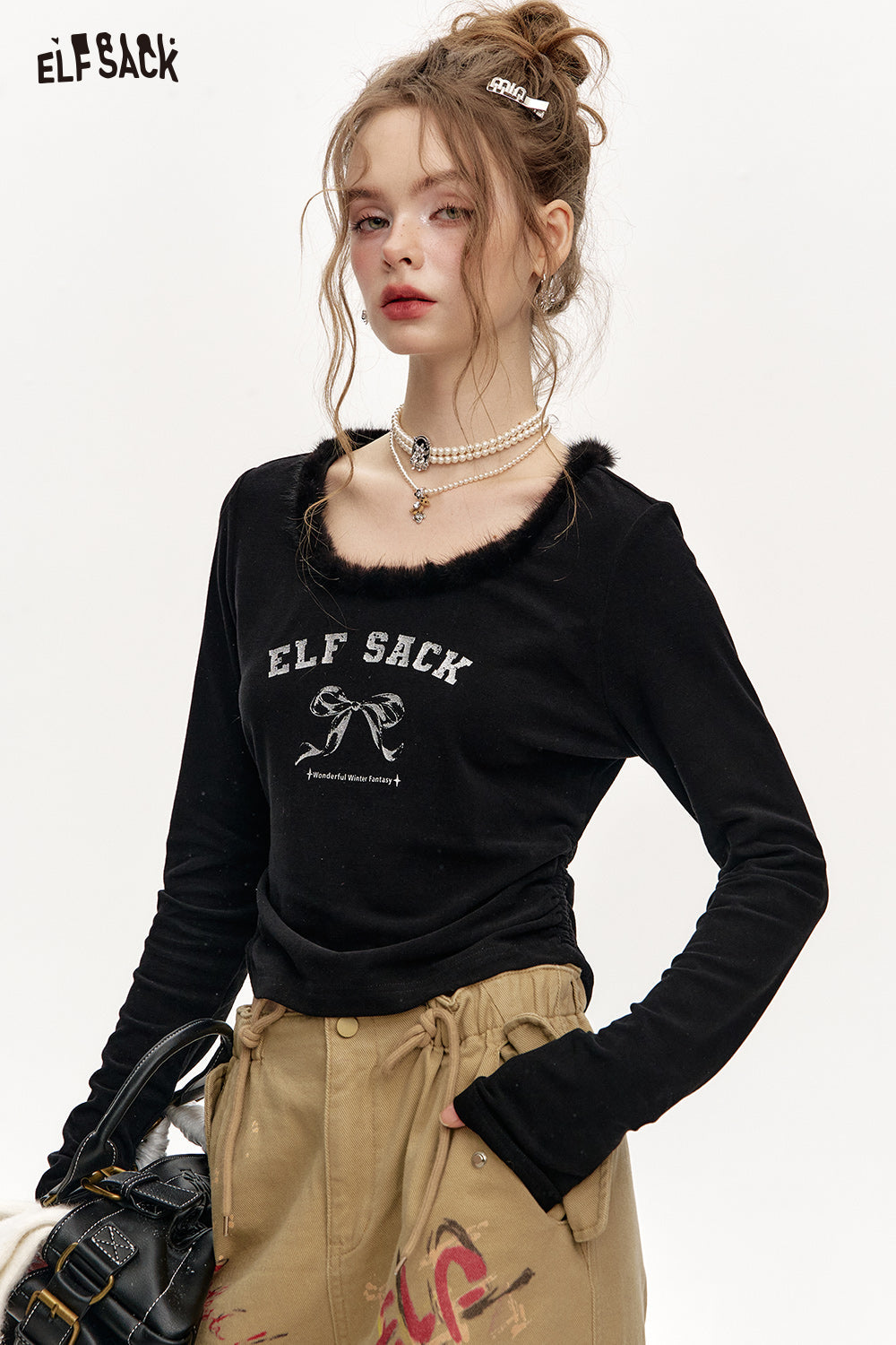 ELFSACK Round Neck Plush Stitching Short Long Sleeve T-Shirt Women
