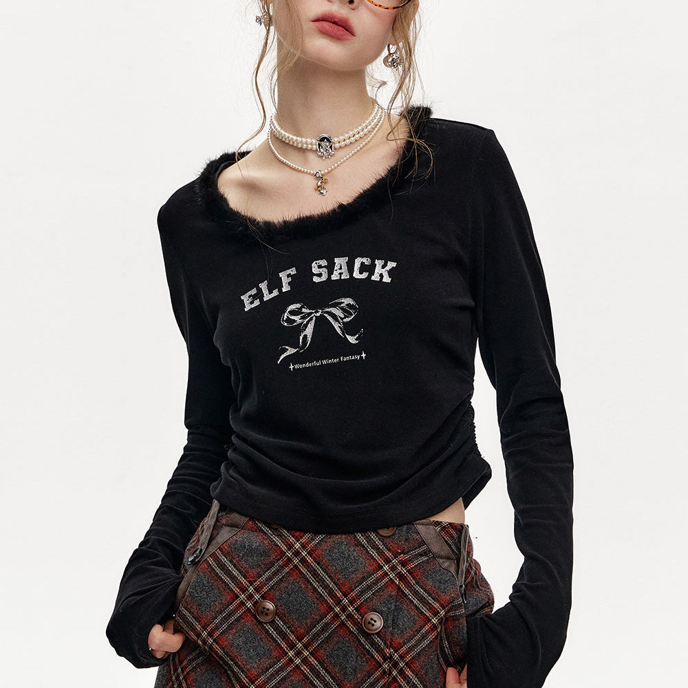 
                  
                    ELFSACK 2024 Winter New Arrivals Round Neck Plush Stitching Short Long Sleeve T-Shirt Women
                  
                