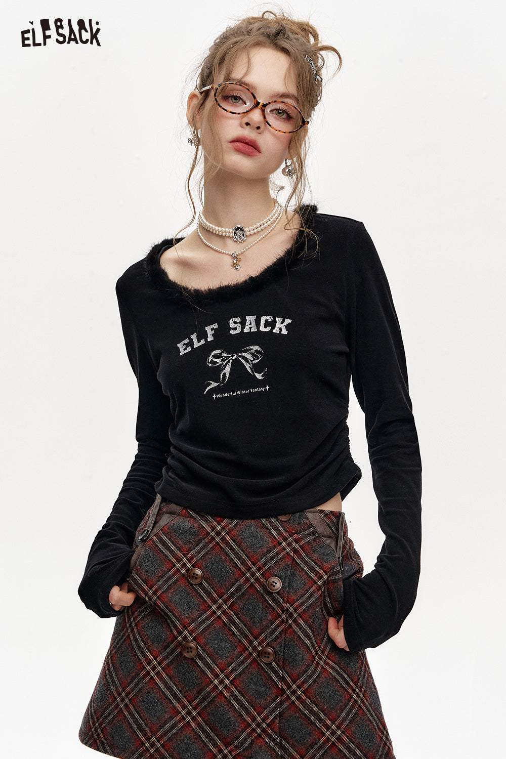 ELFSACK Round Neck Plush Stitching Short Long Sleeve T-Shirt Women
