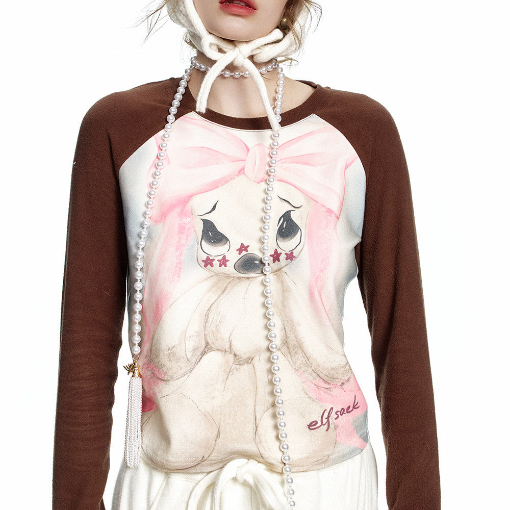 ELFSACK 2024 Winter New Arrivals Rabbit print y2k raglan long sleeve short T-shirt for women