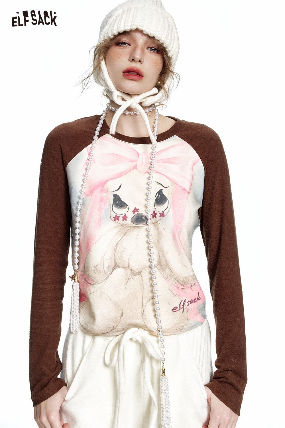 ELFSACK 2024 Winter New Arrivals Rabbit print y2k raglan long sleeve short T-shirt for women