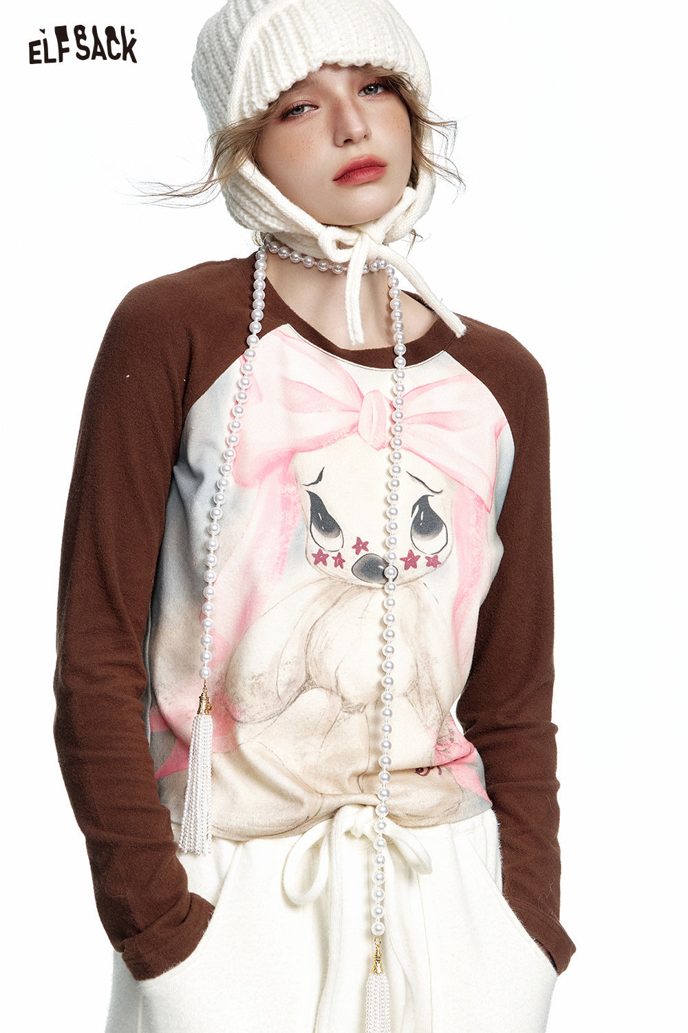 ELFSACK 2024 Winter New Arrivals Rabbit print y2k raglan long sleeve short T-shirt for women