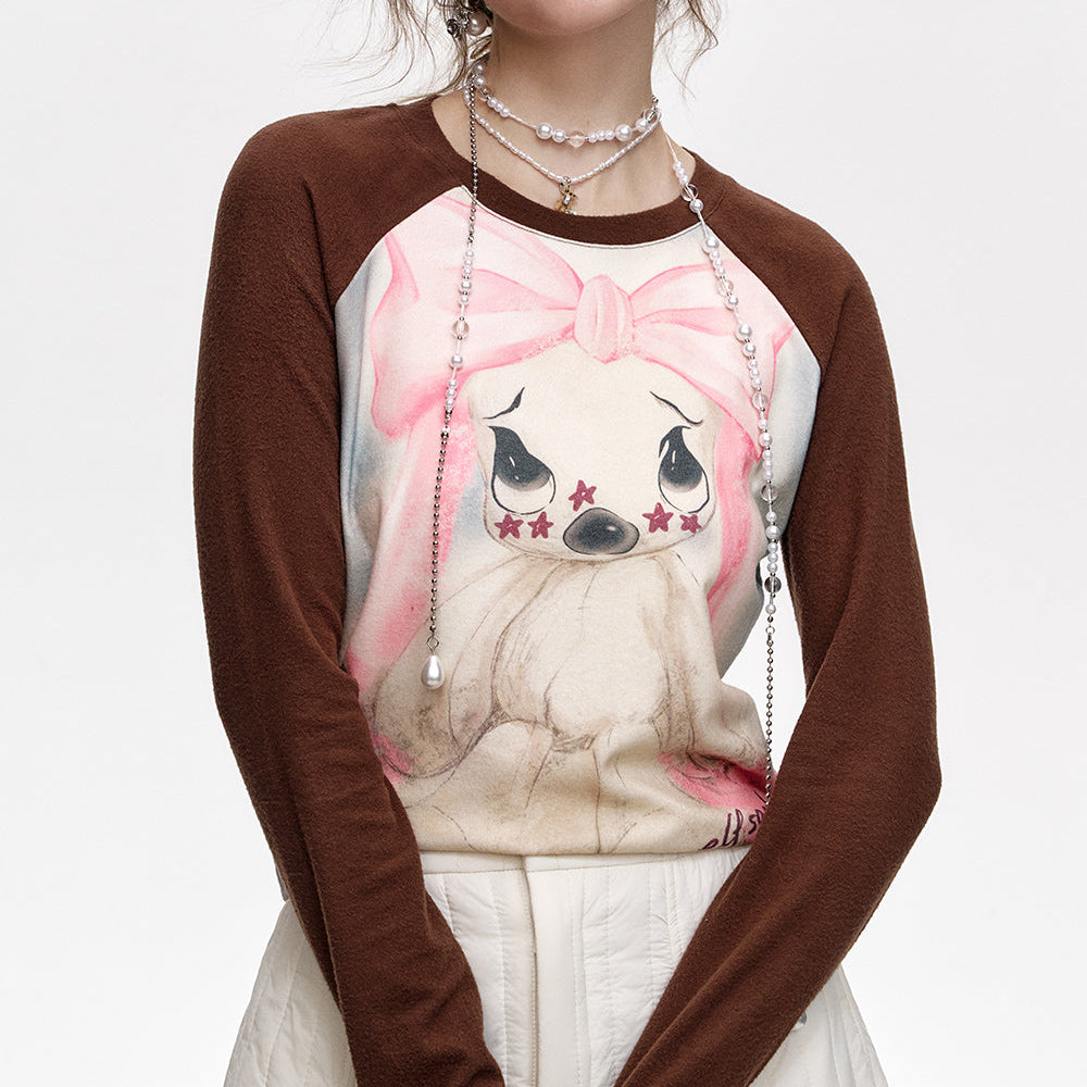 
                  
                    ELFSACK 2024 Winter New Arrivals Rabbit print y2k raglan long sleeve short T-shirt for women
                  
                