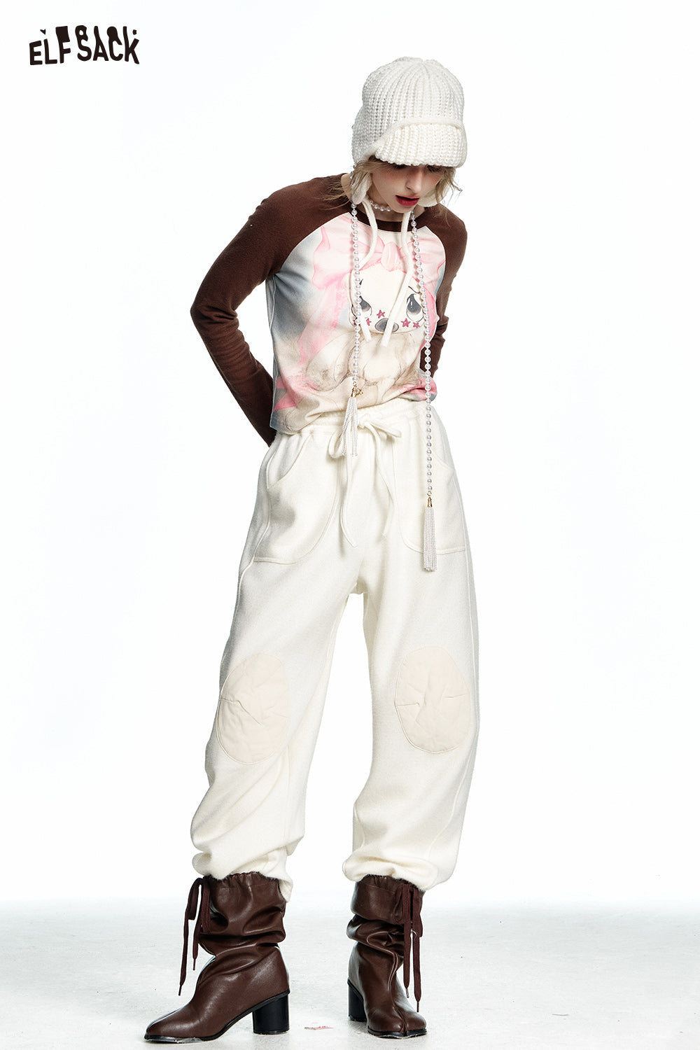ELFSACK Rabbit print y2k raglan long sleeve short T-shirt