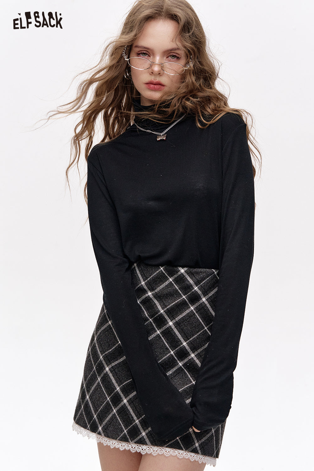 ELFSACK Pile collar inner wear sweater women solid color bottom T-shirt