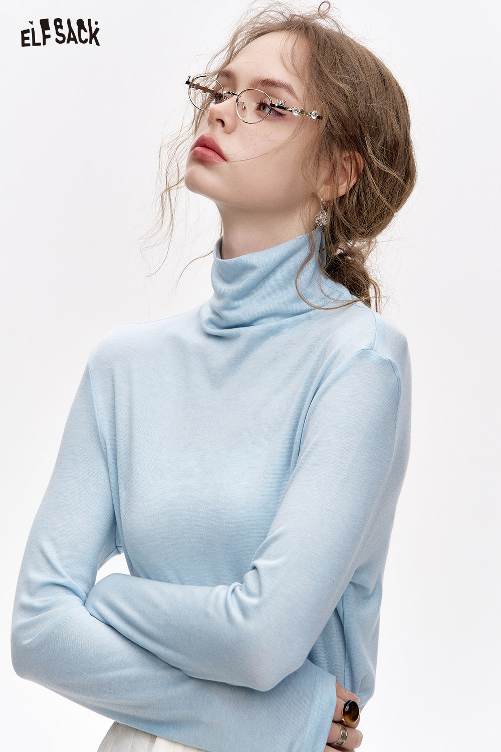 ELFSACK Pile collar inner wear sweater women solid color bottom T-shirt