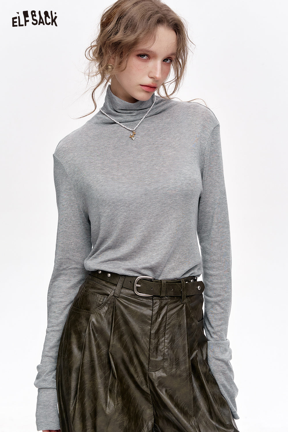 ELFSACK Pile collar inner wear sweater women solid color bottom T-shirt