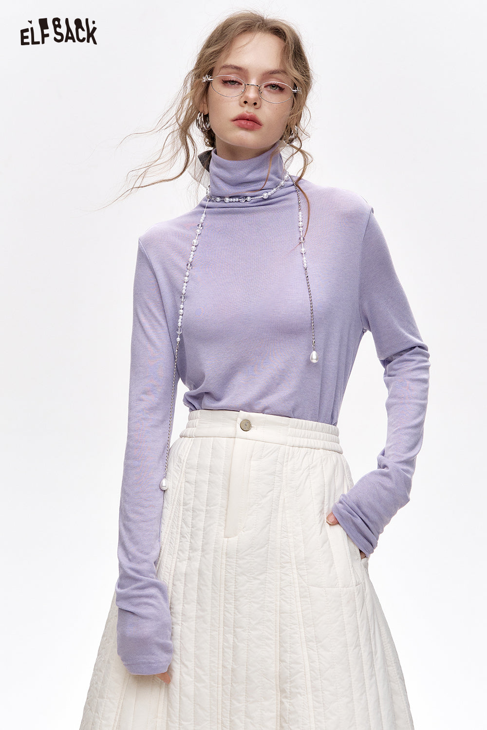 ELFSACK Pile collar inner wear sweater women solid color bottom T-shirt
