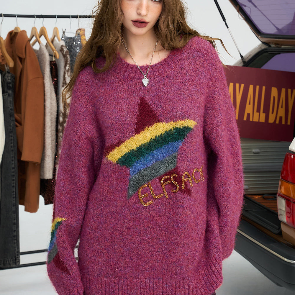 ELFSACK 2024 Winter New Arrivals Rainbow pentagram loose pullover sweater for women