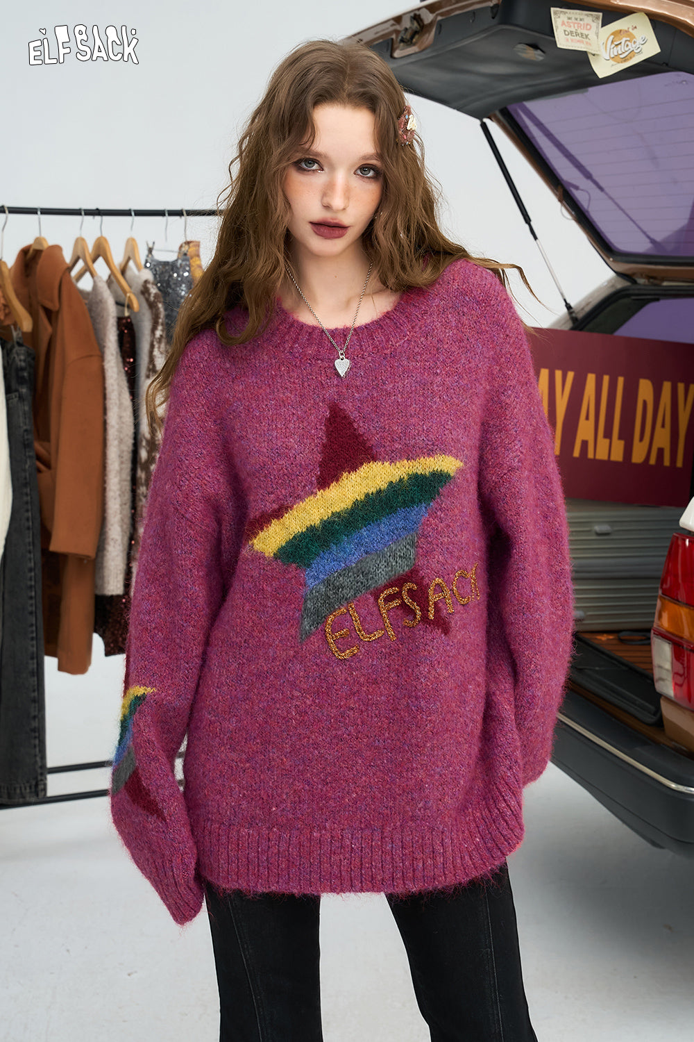 ELFSACK 2024 Winter New Arrivals Rainbow pentagram loose pullover sweater for women