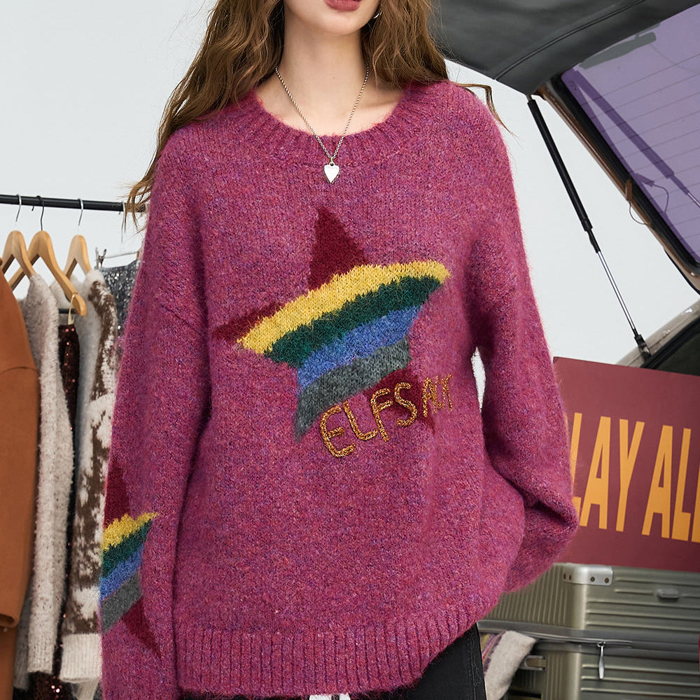 ELFSACK 2024 Winter New Arrivals Rainbow pentagram loose pullover sweater for women