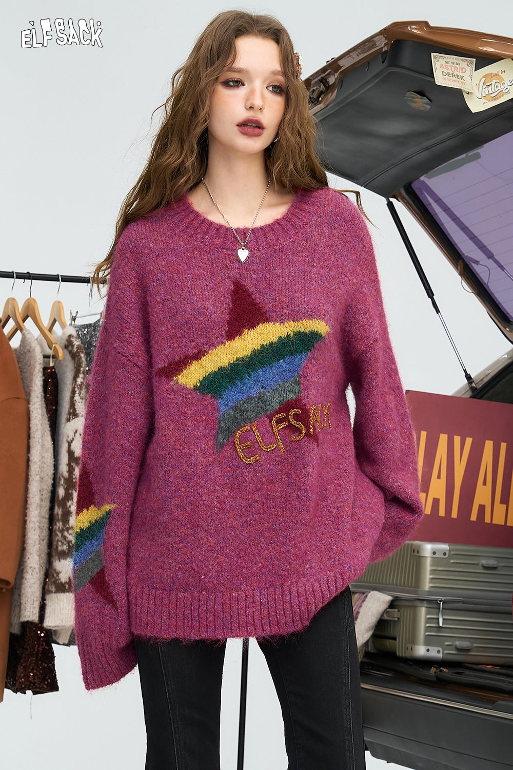 ELFSACK 2024 Winter New Arrivals Rainbow pentagram loose pullover sweater for women