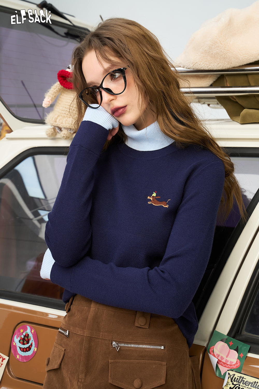 ELFSACK Fake two contrasting slim fit high neck knitted shirts, long sleeved base top