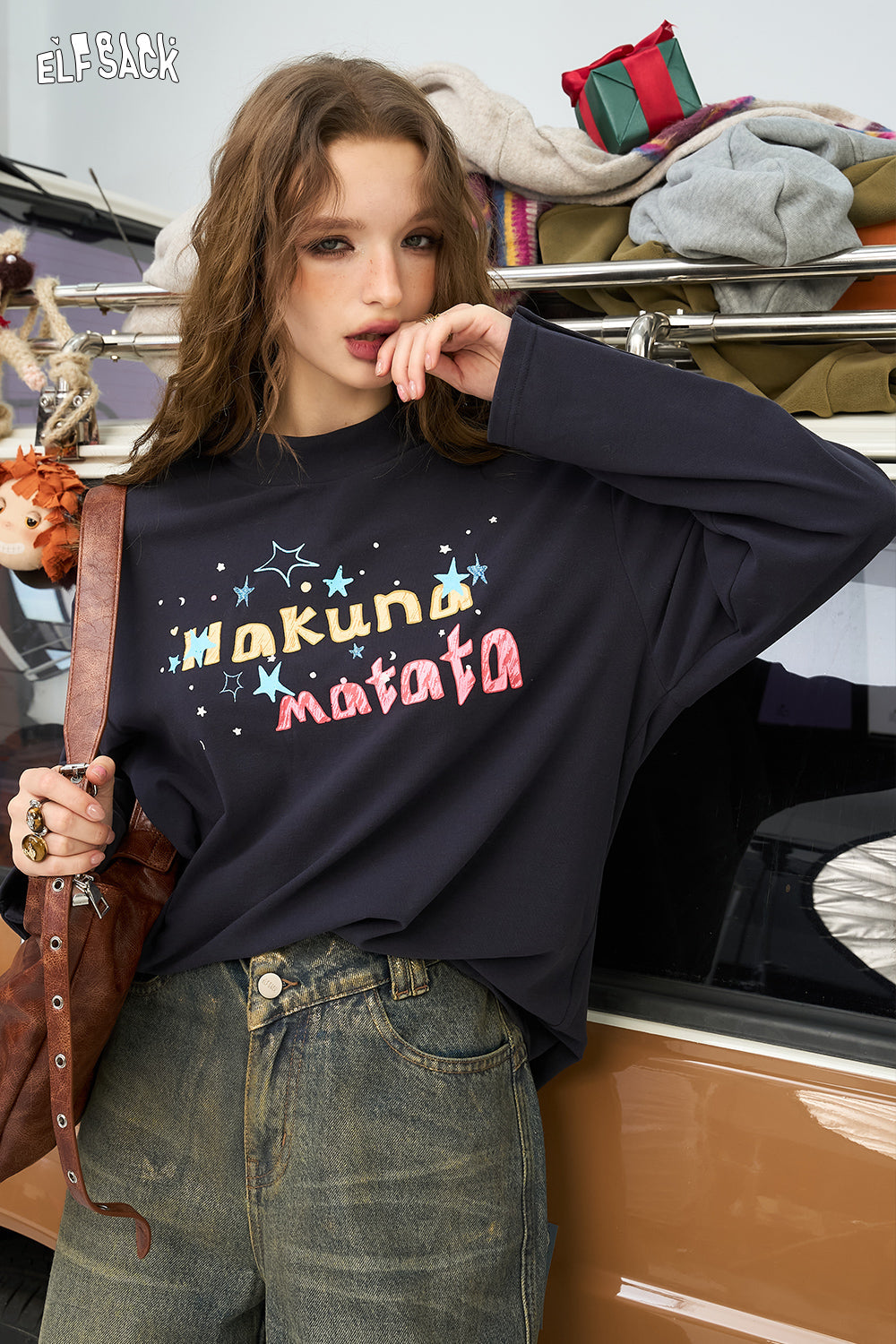 ELFSACK Original printed high neck loose knit sweater