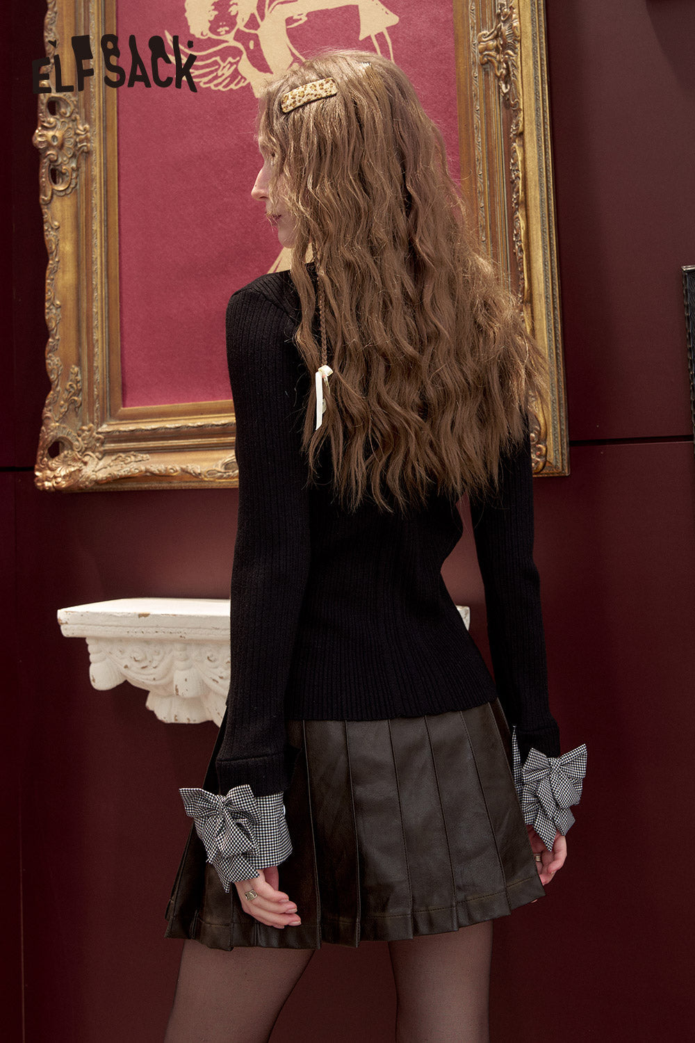 ELFSACK Knitted sweater with bow design on cuffs slim and simple versatile pullover bottoming shirt