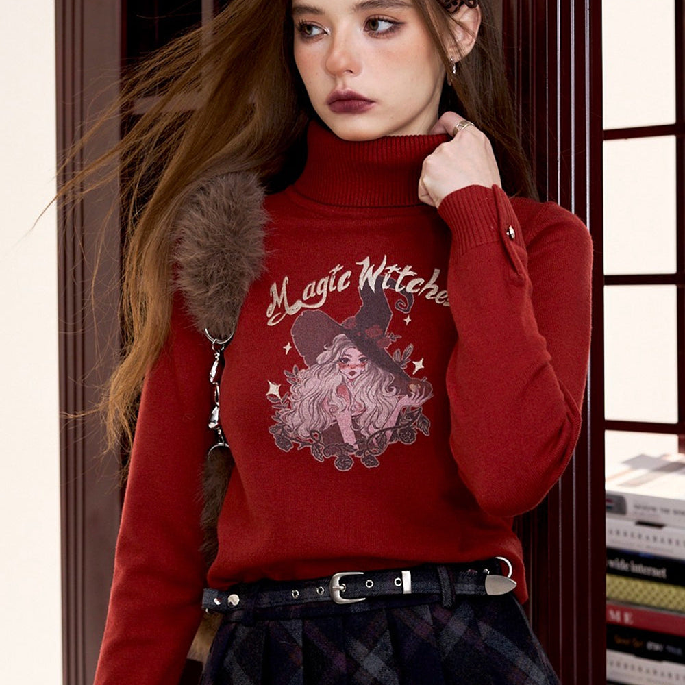 
                  
                    ELFSACK 2024 Winter New Arrivals Dark red retro casual print turtleneck pullover knitted sweater for women
                  
                