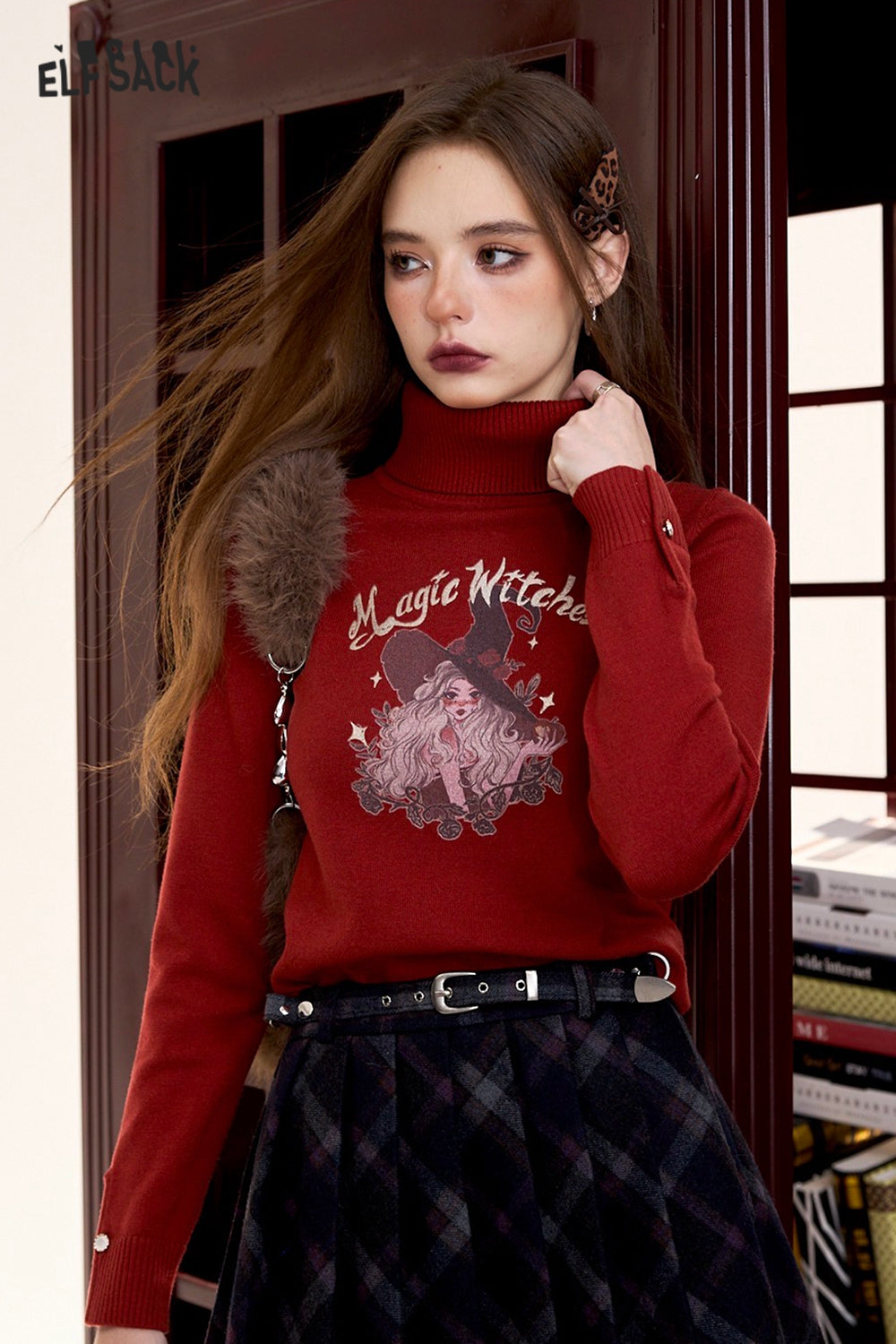 ELFSACK Dark red retro casual print turtleneck pullover knitted sweater